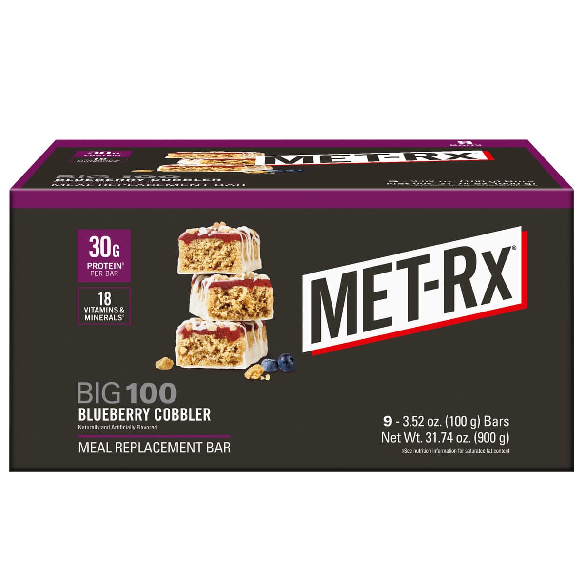 MET-RX BIG 100 Blueberry Cobbler Meal Replacement Bar packshot — 30g protein, 400 calories
