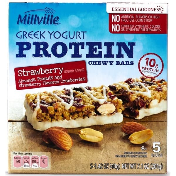 Millville Greek Yogurt Protein Chewy Bars packshot — 10g protein, 200 calories